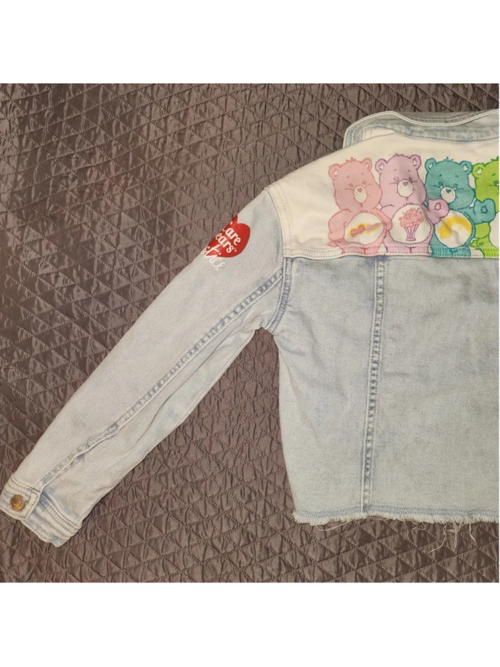 Care Bears Justice Denim Jacket Youth Size M 10 Split Color White Blue Patchwork